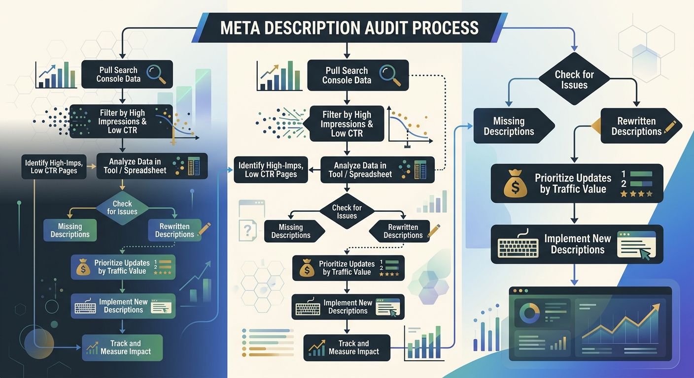 A flowchart showing the meta description audit process: pull Search Console data, filter by high impressions and low CTR, check for missing or rewritten descriptions, then prioritize updates by traffi
