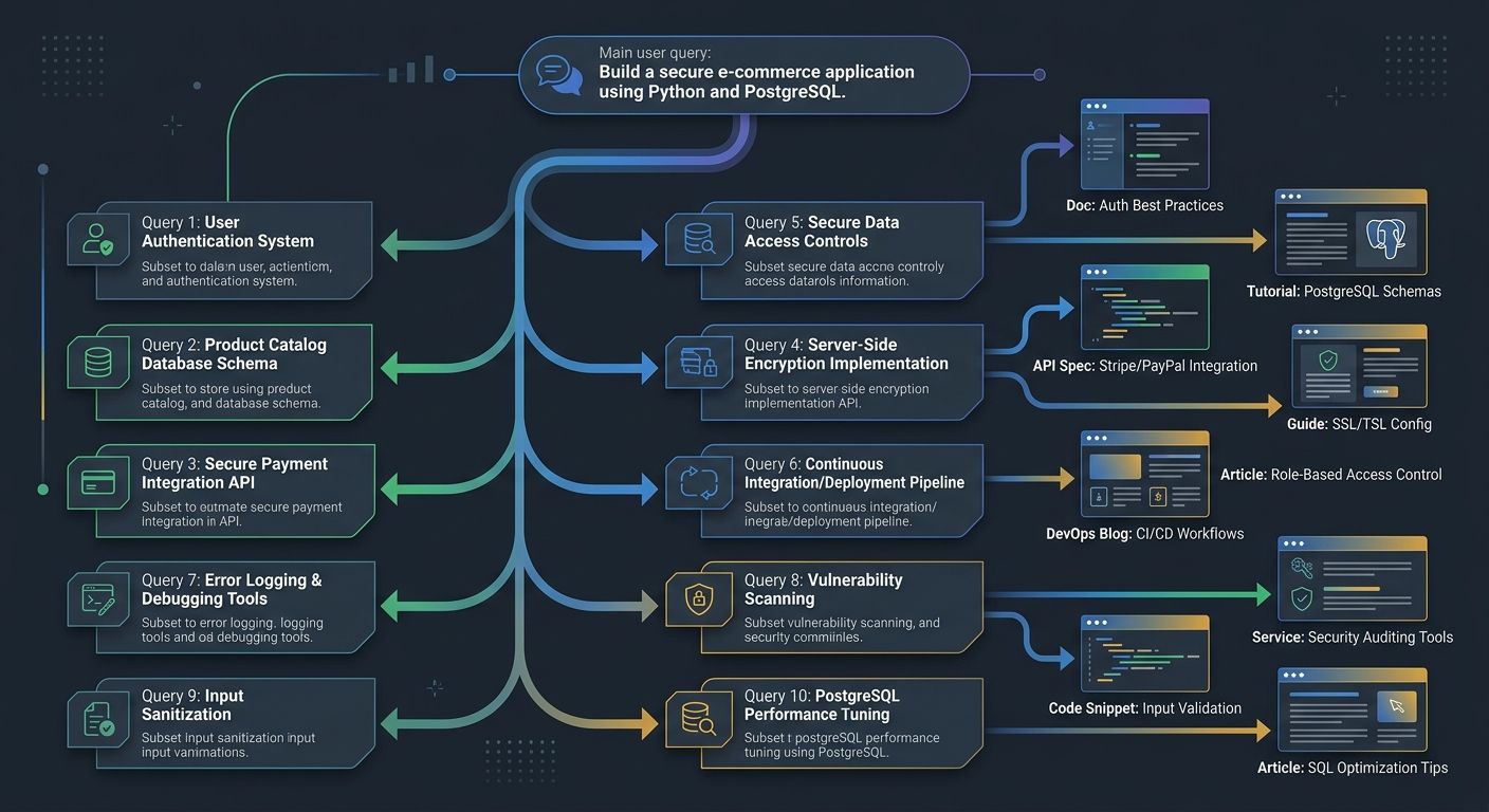 Diagram showing a conversational AI query being decomposed into 8-10 sub-queries, with arrows pointing to different content pages that could answer each sub-query