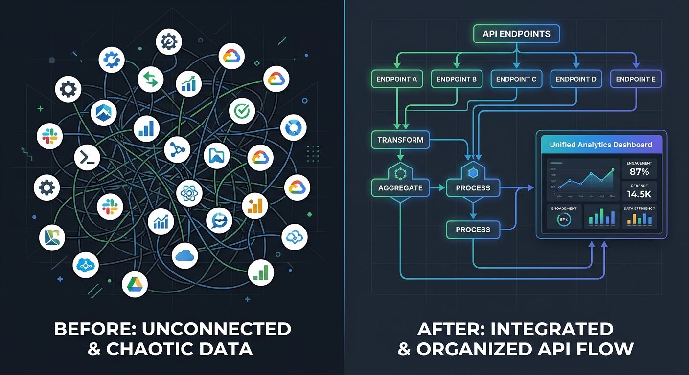 A before-and-after split screen showing a messy tangled web of disconnected tool logos on the left, and a clean, organized flowchart of connected API endpoints feeding into a single dashboard on the r