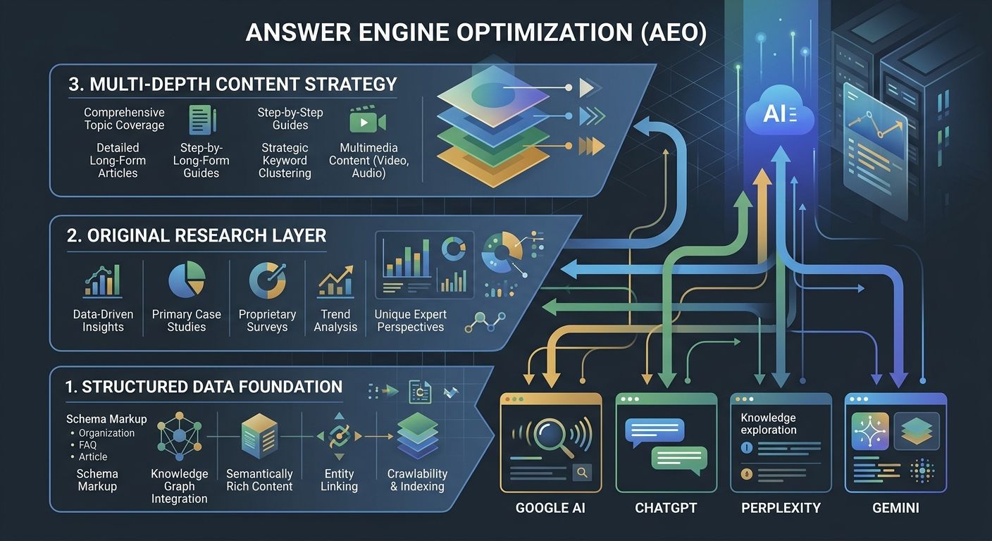 An infographic showing the Answer Engine Optimization framework with three tiers - structured data foundation, original research layer, and multi-depth content strategy - with specific tactics listed 