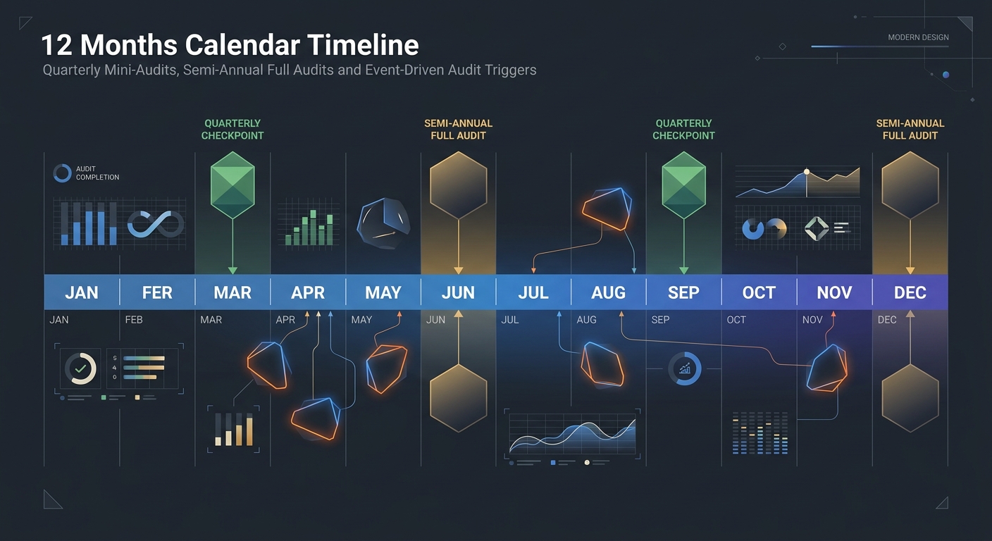 A calendar timeline showing quarterly mini-audit checkpoints and semi-annual full audit milestones across a 12-month period, with event-driven audit triggers marked between them