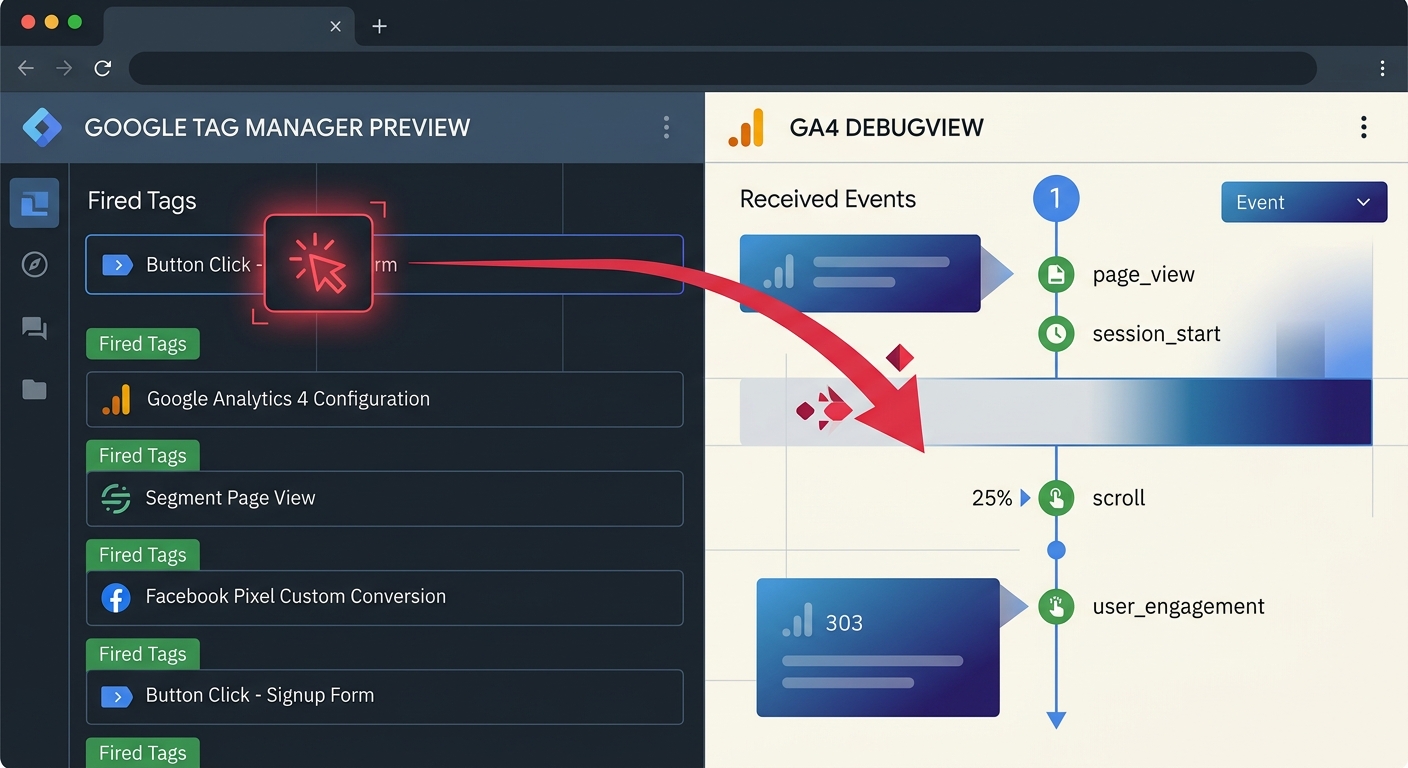 A screenshot-style illustration showing a split screen with GTM Preview Mode on the left displaying fired tags and DebugView on the right showing received events, with red arrows highlighting a missin