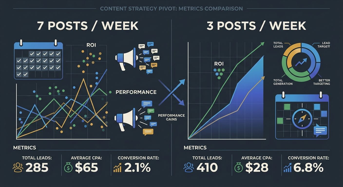 An infographic showing before-and-after metrics of the content strategy pivot—left side showing 7 posts/week with scattered ROI, right side showing 3 posts/week with concentrated ROI, including specif