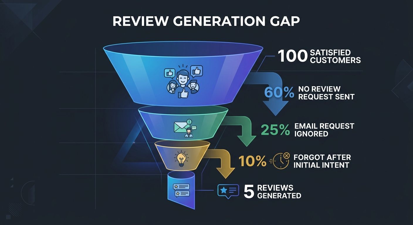 A funnel diagram showing the review generation gap - 100 satisfied customers at top, then arrows showing dropoff points: "no review request sent" losing 60%, "email request ignored" losing 25%, "forgo