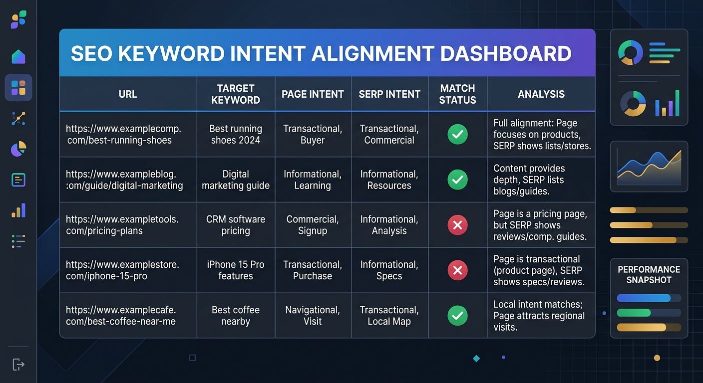 A screenshot-style illustration of a spreadsheet showing five example URLs with columns for target keyword, page intent, SERP intent, and a status column showing green checks for matches and red X mar