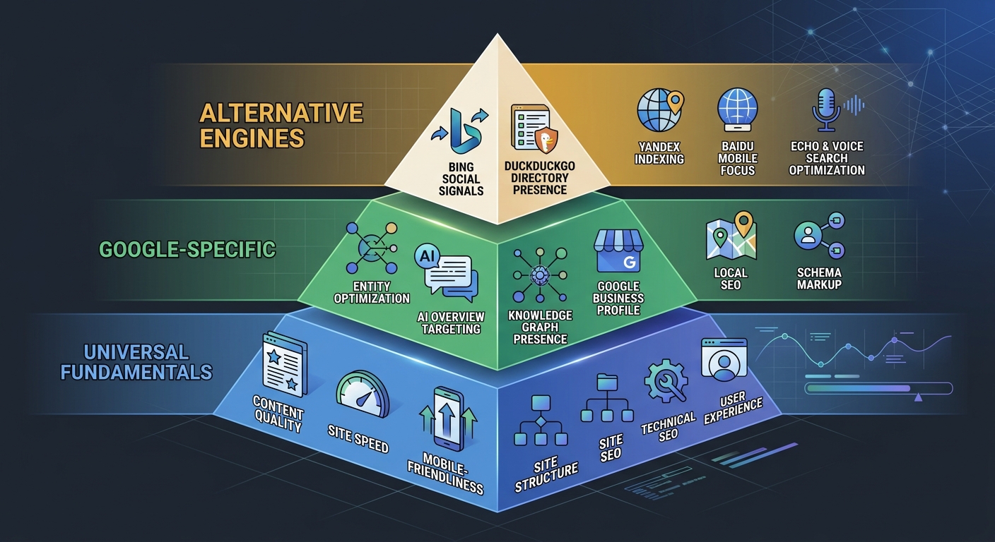 An infographic showing a three-tier pyramid of SEO strategy - bottom tier labeled "Universal Fundamentals" with items like content quality and site speed, middle tier labeled "Google-Specific" with en