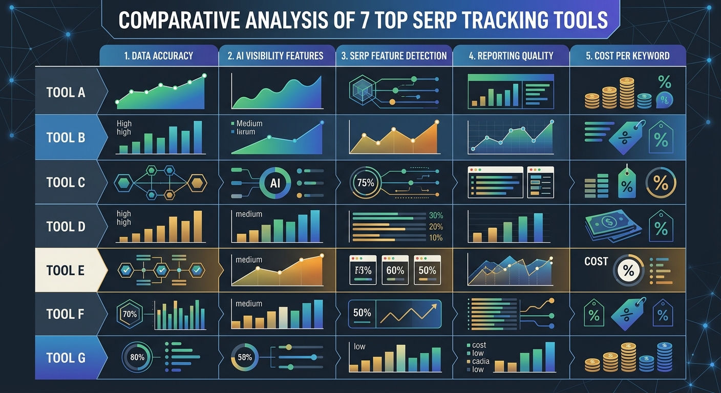 An infographic comparing 7 SERP tracking tools across 5 dimensions: data accuracy, AI visibility features, SERP feature detection, reporting quality, and cost per keyword, using a radar chart or compa