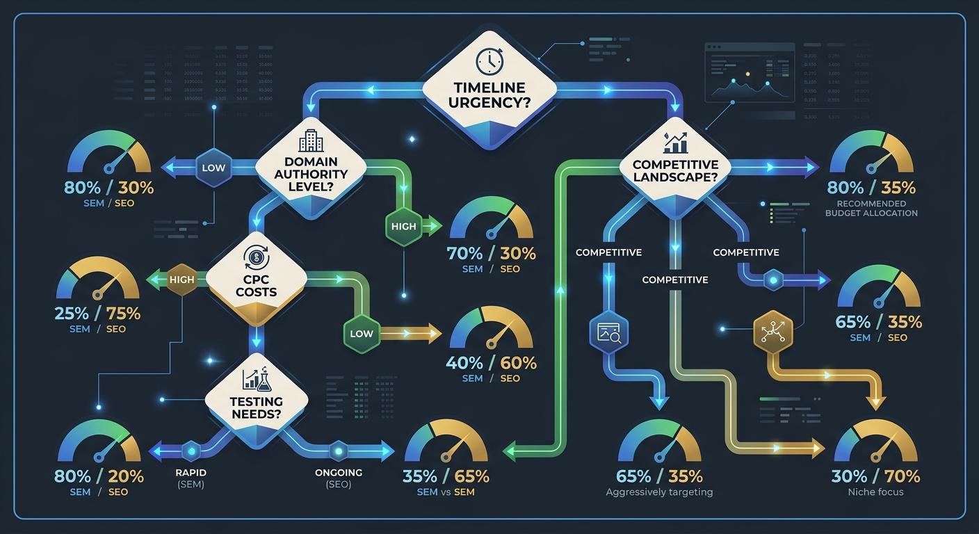 An infographic showing a decision tree flowchart with five branching questions - timeline urgency, domain authority level, CPC costs, testing needs, and competitive landscape - each branch leading to 