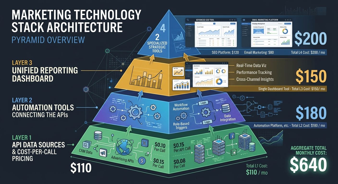 An infographic showing a 4-layer marketing tech stack architecture pyramid - Layer 1 at base showing API data sources with cost-per-call pricing, Layer 2 showing automation tools connecting the APIs,