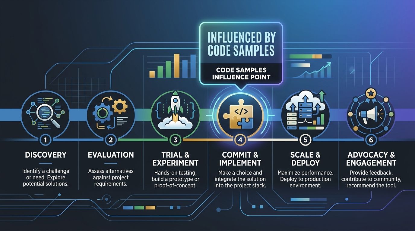 A horizontal timeline showing the six stages of the developer decision journey, with icons representing each stage and a highlight showing that code samples only influence stage 4 out of 6