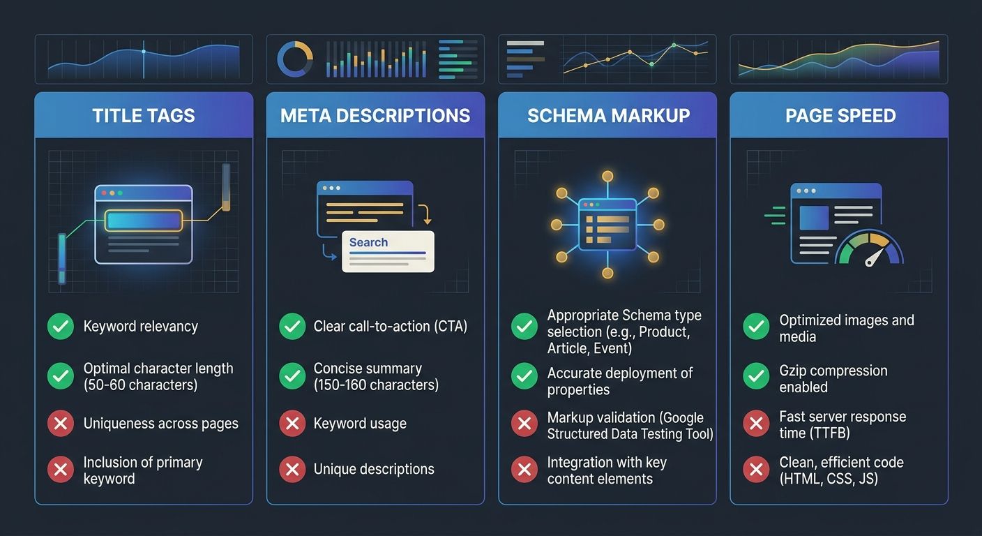A checklist-style visual showing four audit categories (Title Tags, Meta Descriptions, Schema Markup, Page Speed) with green checkmarks and red X marks indicating passing and failing criteria for land