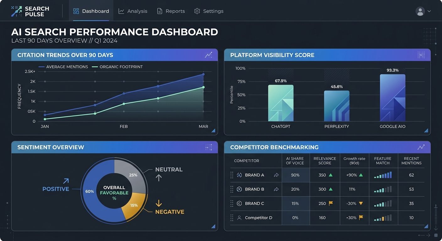 Dashboard mockup of an AI search monitoring platform showing four panels: a citation frequency line graph trending upward over 90 days, a cross-platform visibility bar chart comparing ChatGPT, Perplex