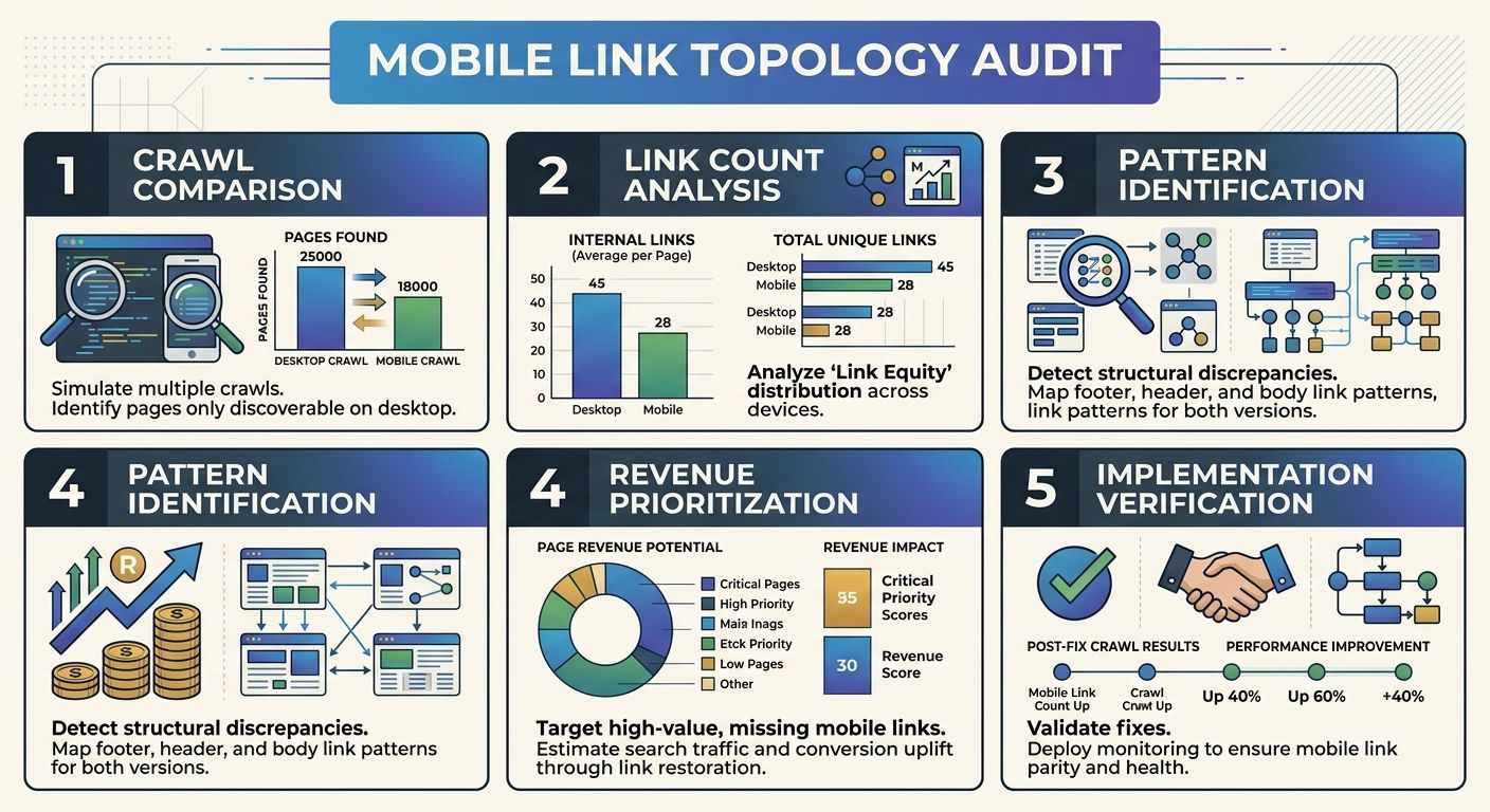 Infographic showing a 5-step mobile link topology audit workflow, with icons for each step: crawl comparison, link count analysis, pattern identification, revenue prioritization, and implementation ve