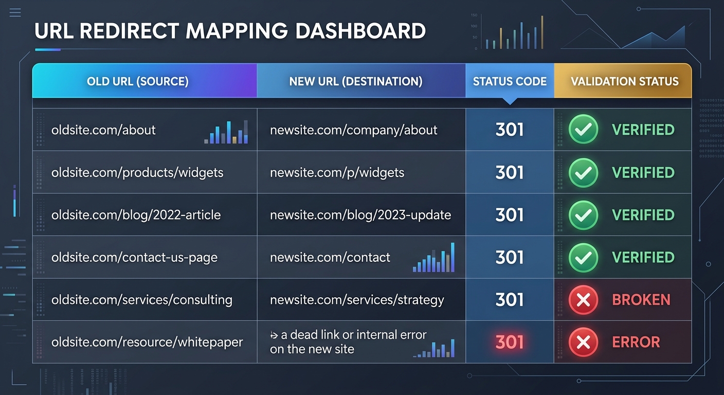 A simplified visual of a 301 redirect mapping spreadsheet with columns for old URL, new URL, status code, and validation status, showing several example rows with green checkmarks for verified redirec