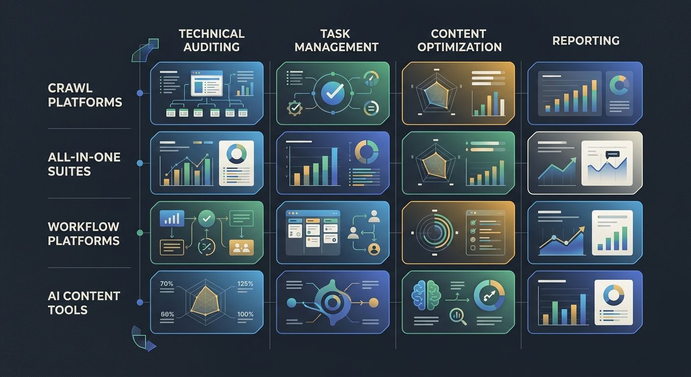 A matrix diagram comparing four categories of SEO tools - crawl platforms, all-in-one suites, workflow platforms, and AI content tools - mapped against capabilities like technical auditing, task manag