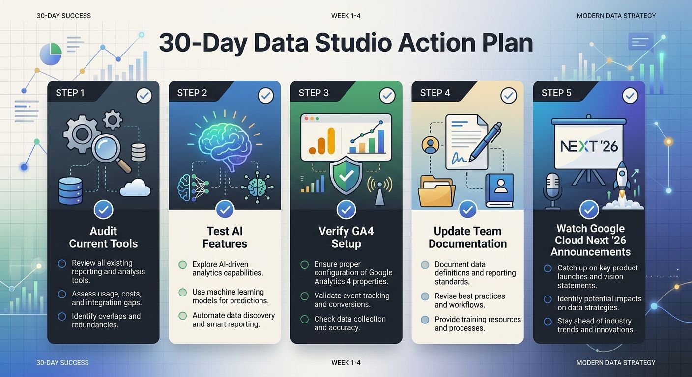 A checklist-style infographic titled "30-Day Data Studio Action Plan" with 5 steps: audit current tools, test AI features, verify GA4 setup, update team documentation, and watch Google Cloud Next '26