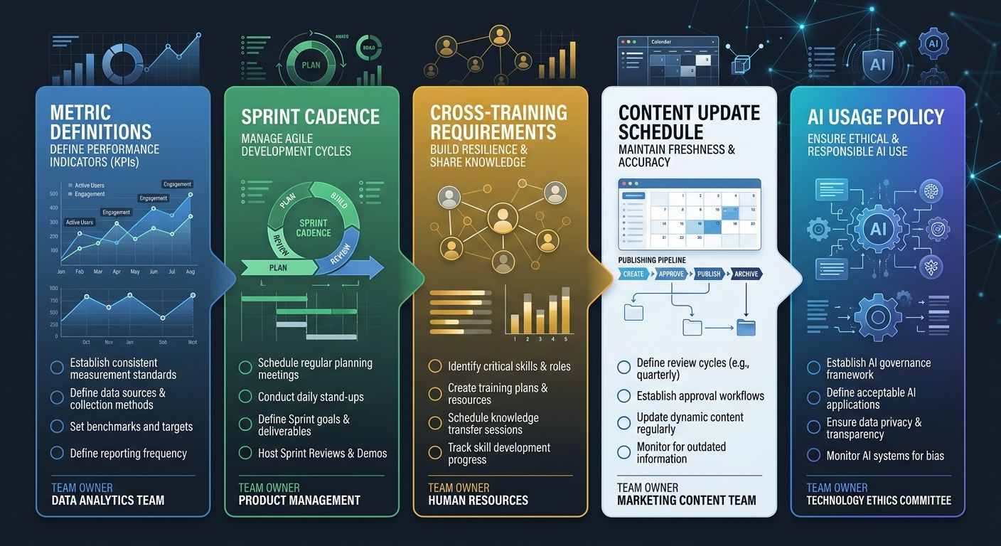 A governance checklist document showing five sections - metric definitions, sprint cadence, cross-training requirements, content update schedule, and AI usage policy - with checkboxes and team owner a