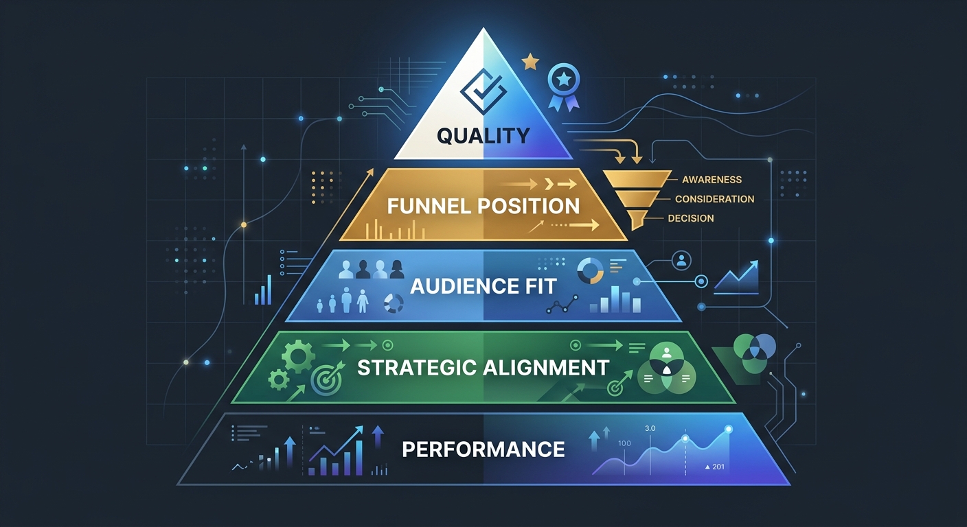 A five-layer pyramid diagram showing the five dimensions of a content strategy audit — performance at the base, then strategic alignment, audience fit, funnel position, and quality at the top