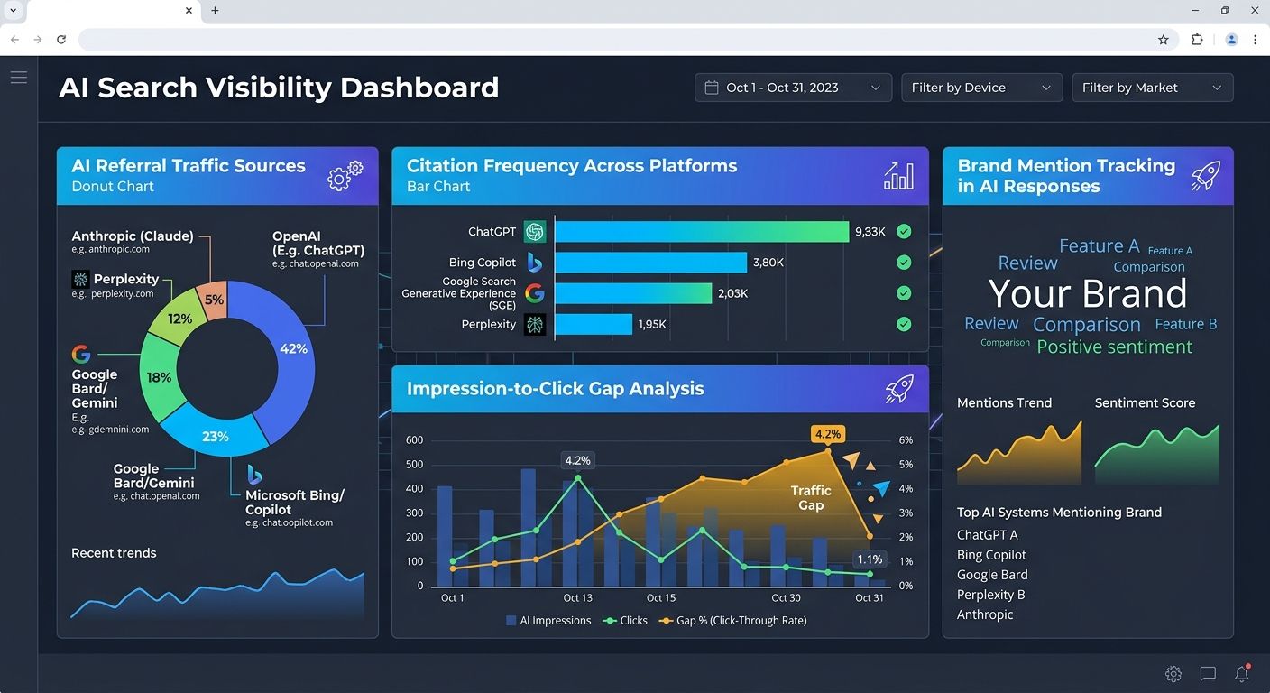 A dashboard mockup showing AI search visibility metrics including AI referral traffic sources, citation frequency across platforms, impression-to-click gap analysis, and brand mention tracking in AI r