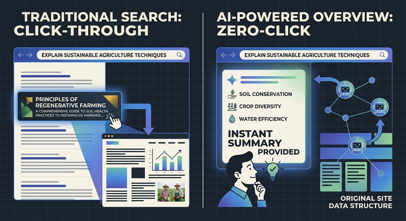 A split-screen illustration showing two scenarios — on the left, a traditional search result with a user clicking through to a website; on the right, an AI Overview providing the answer directly with