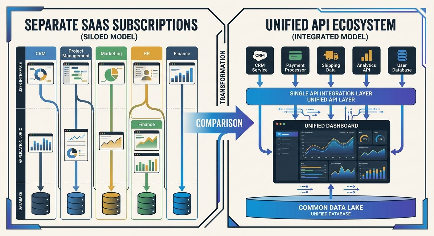 A comparison diagram showing two architectures side by side - on the left, multiple separate SaaS tool subscriptions each with their own UI and database; on the right, a single API layer feeding into