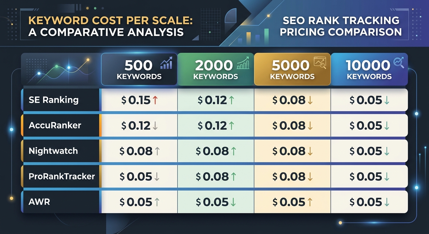 A pricing comparison table showing cost per keyword at different scale levels (500, 2000, 5000, and 10000 keywords) across SE Ranking, AccuRanker, Nightwatch, ProRankTracker, and AWR