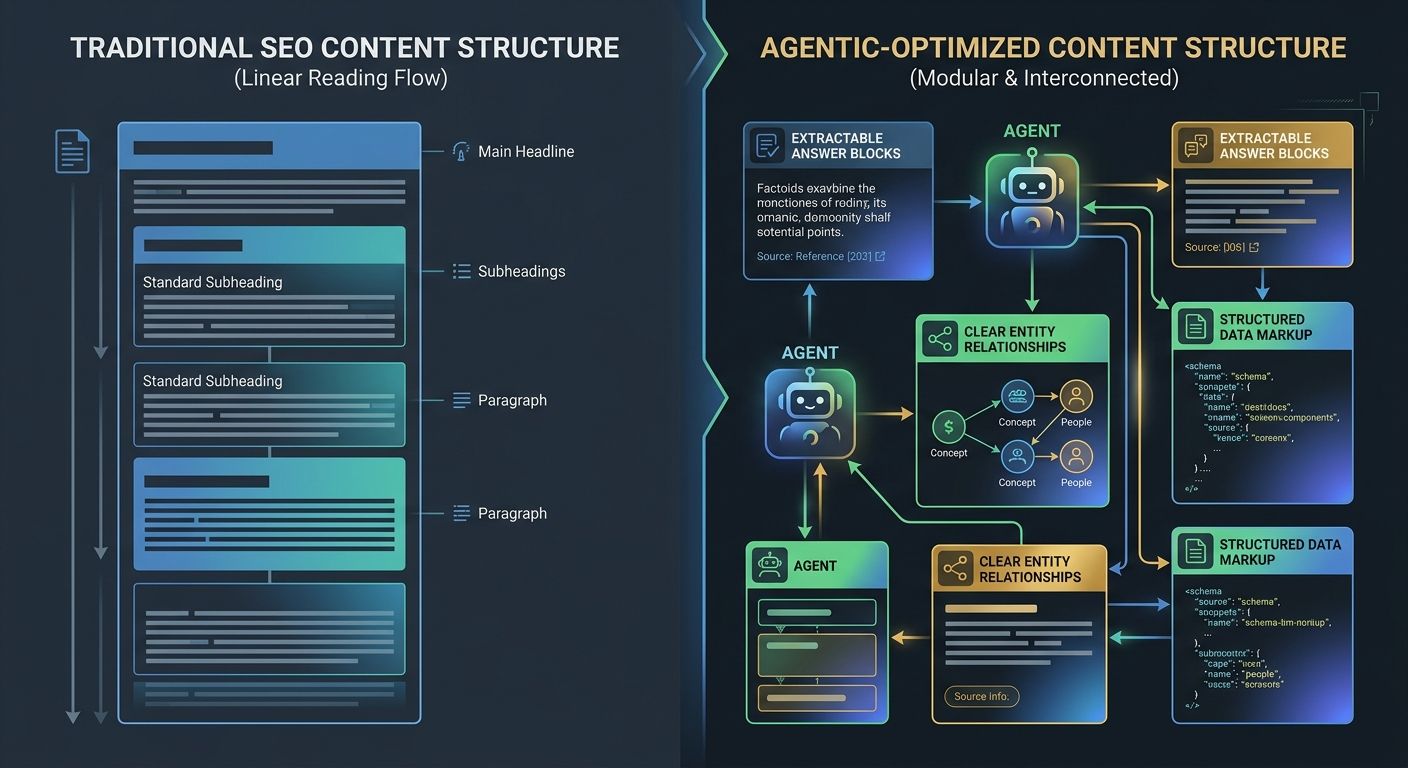 A diagram comparing traditional SEO content structure (long-form article with a linear reading flow) versus agentic-optimized content structure (modular sections with clear entity relationships, struc