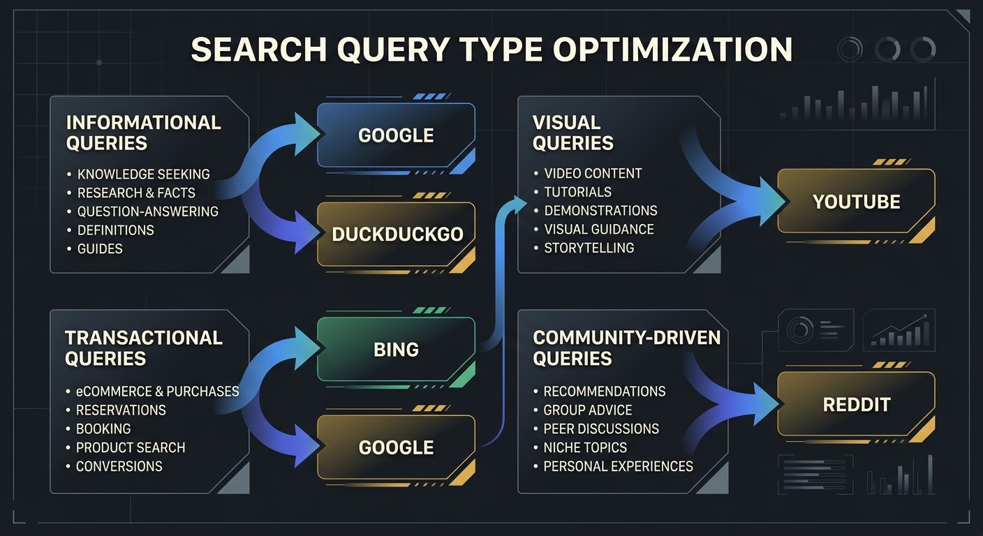 A flowchart showing different query types (informational, transactional, visual, community-driven) with arrows pointing to the optimal search platform for each type (Google, Bing, YouTube, Reddit, Duc