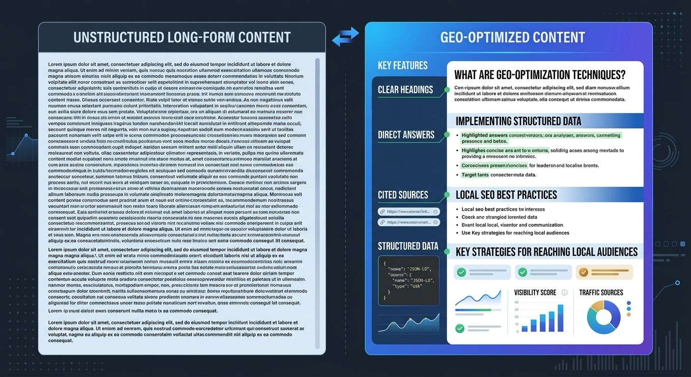A before-and-after comparison of a web article, showing unstructured long-form content on the left side and GEO-optimized content with clear headings, direct answers, cited sources, and structured dat