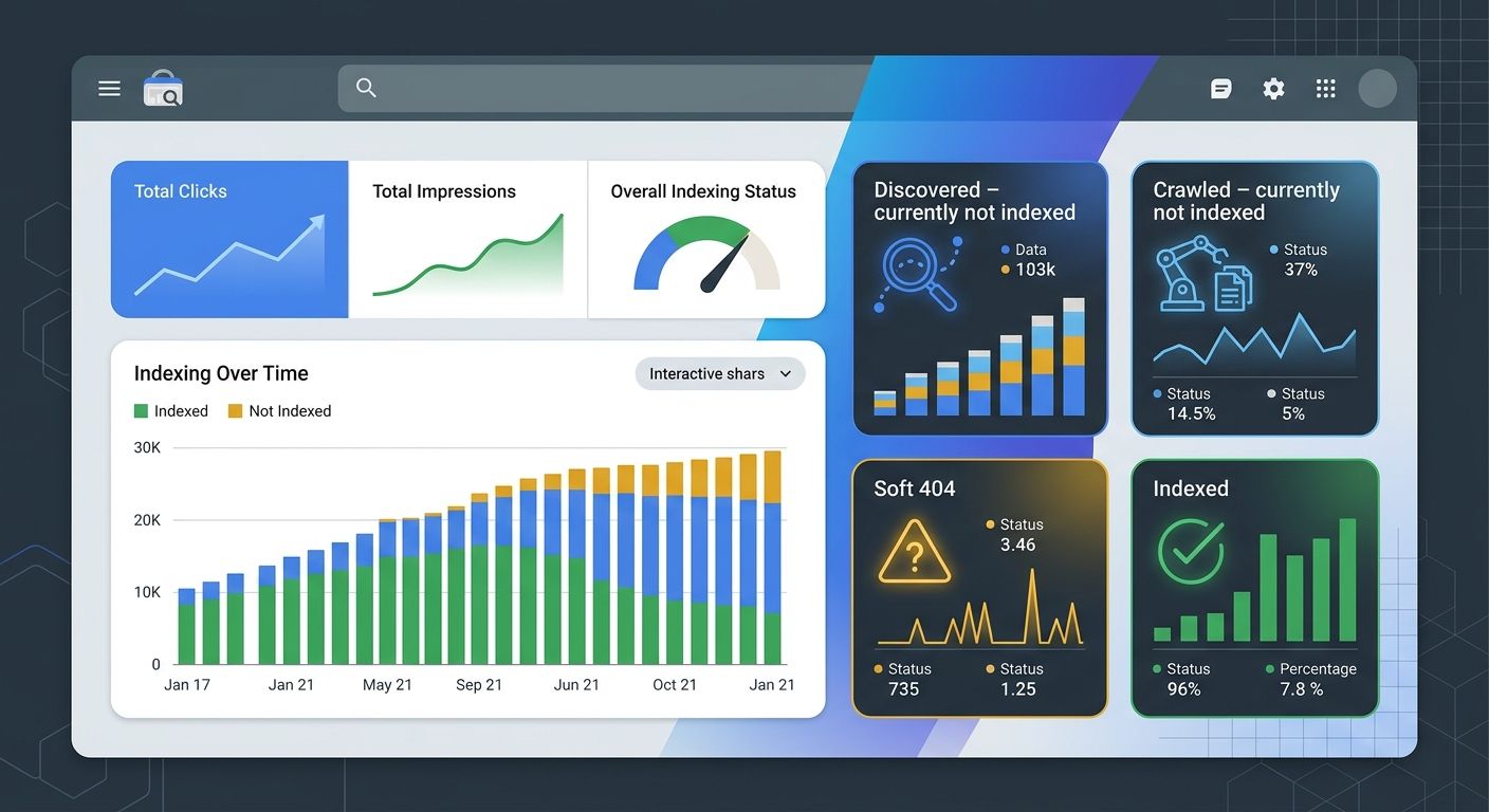 A screenshot-style illustration of a Google Search Console Page Indexing report with callouts highlighting the key status categories: Discovered not indexed, Crawled not indexed, and Soft 404 errors