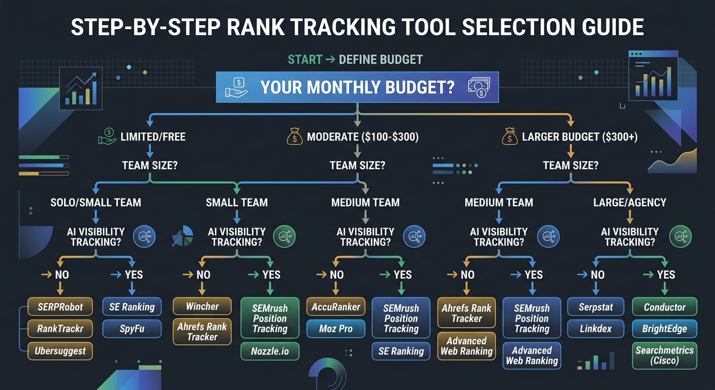 A flowchart showing the decision process for choosing a rank tracking tool, starting with budget, branching to team size, then to whether AI visibility tracking is needed, and ending with specific too
