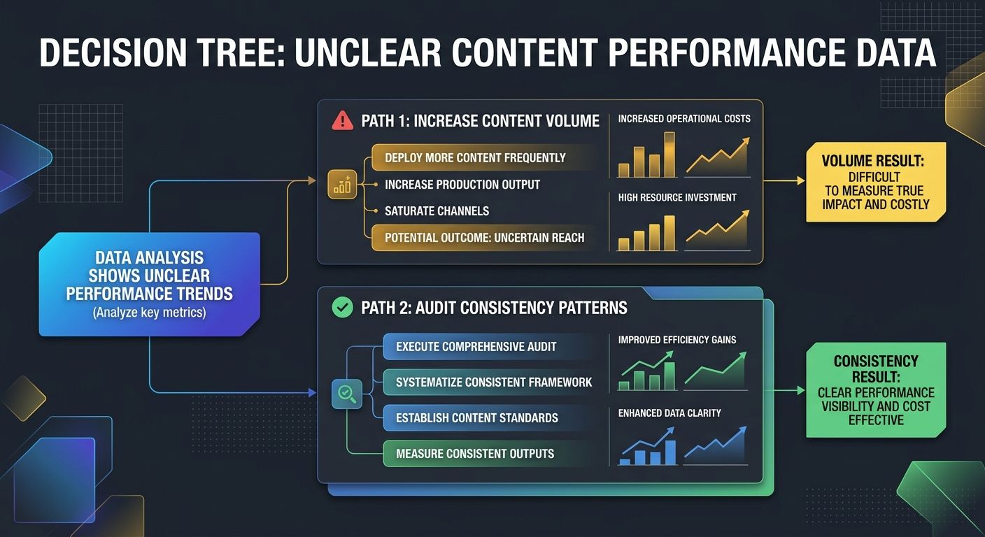 A flowchart showing the decision tree when content performance data is unclear—one branch leading to "increase volume" with a red warning icon and cost implications, the other leading to "audit consis