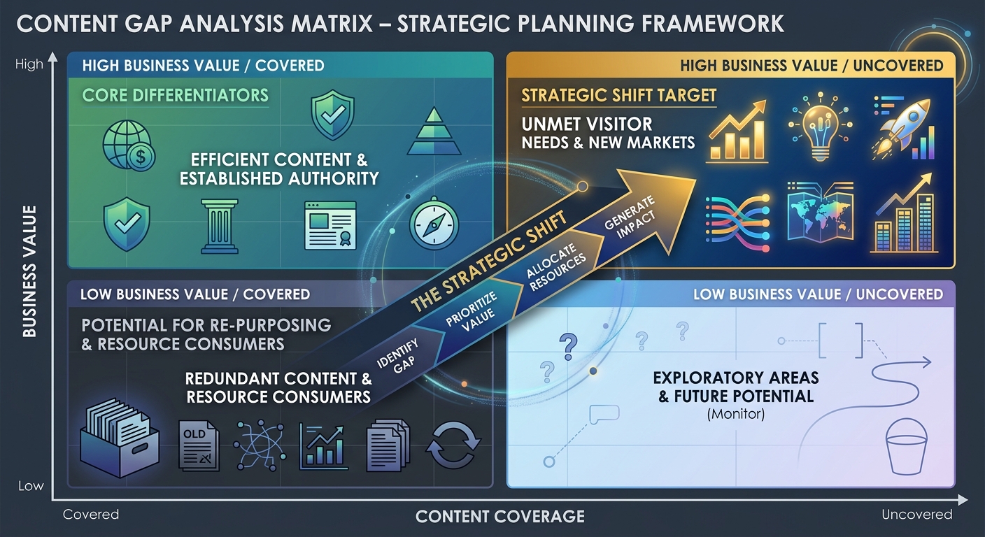 An infographic showing a content gap analysis matrix with four quadrants — high business value and covered, high business value and uncovered, low business value and covered, low business value and un