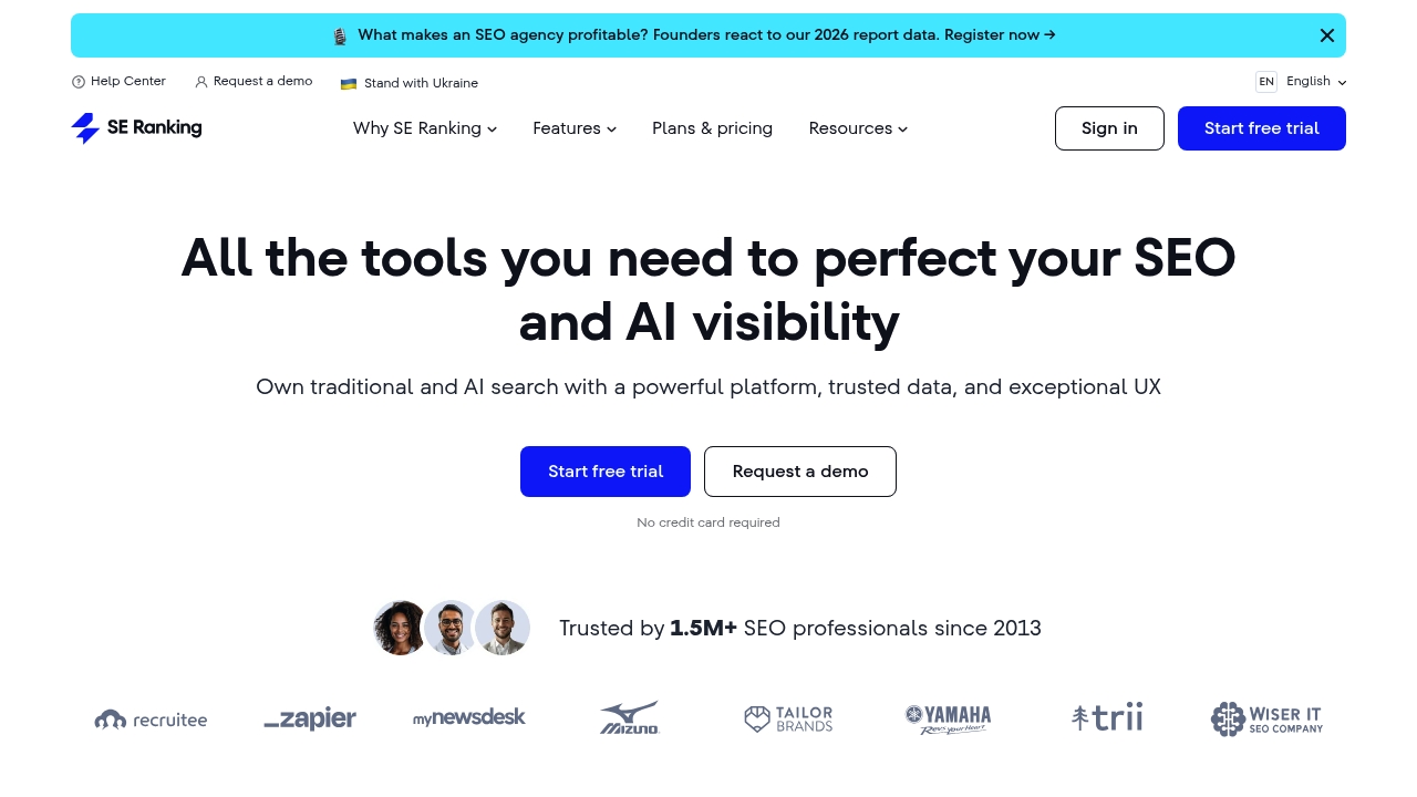 SE Ranking's SEO platform homepage showing rank tracking and AI visibility features
