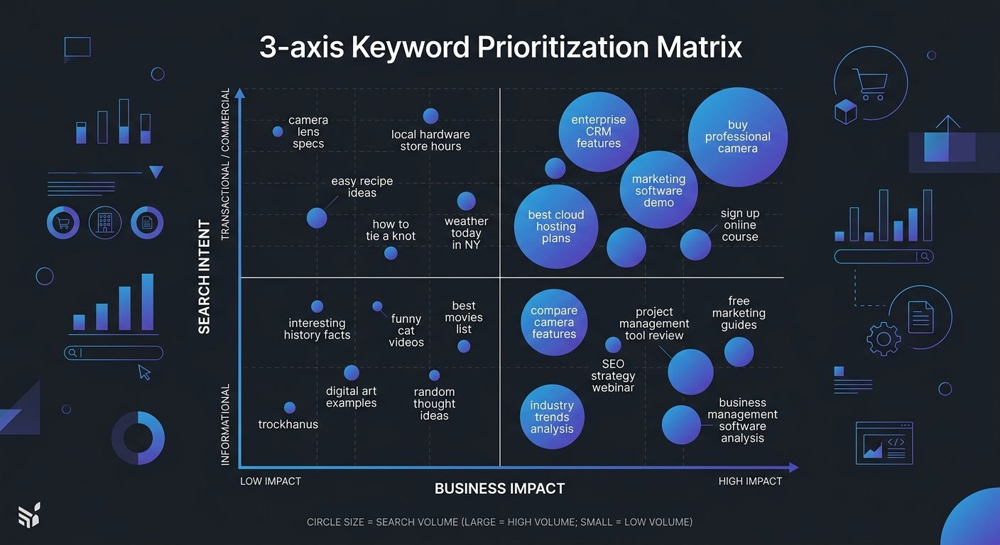 An infographic showing a 3-axis keyword prioritization matrix with Search Intent on the Y-axis, Business Impact on the X-axis, and Volume represented by circle size, with example keywords plotted in e