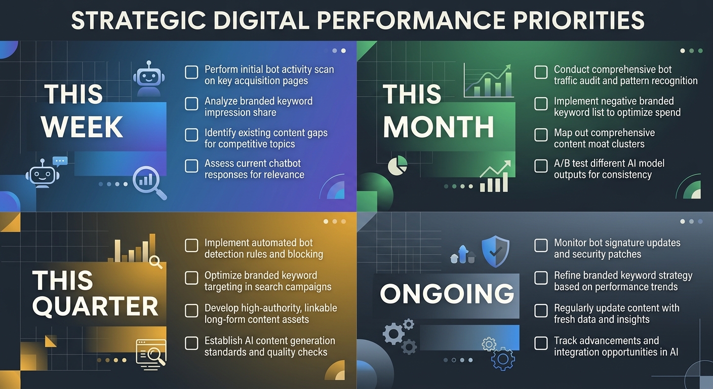A prioritized checklist infographic with four quadrants labeled "This Week," "This Month," "This Quarter," and "Ongoing," each containing specific action items related to bot auditing, branded keyword