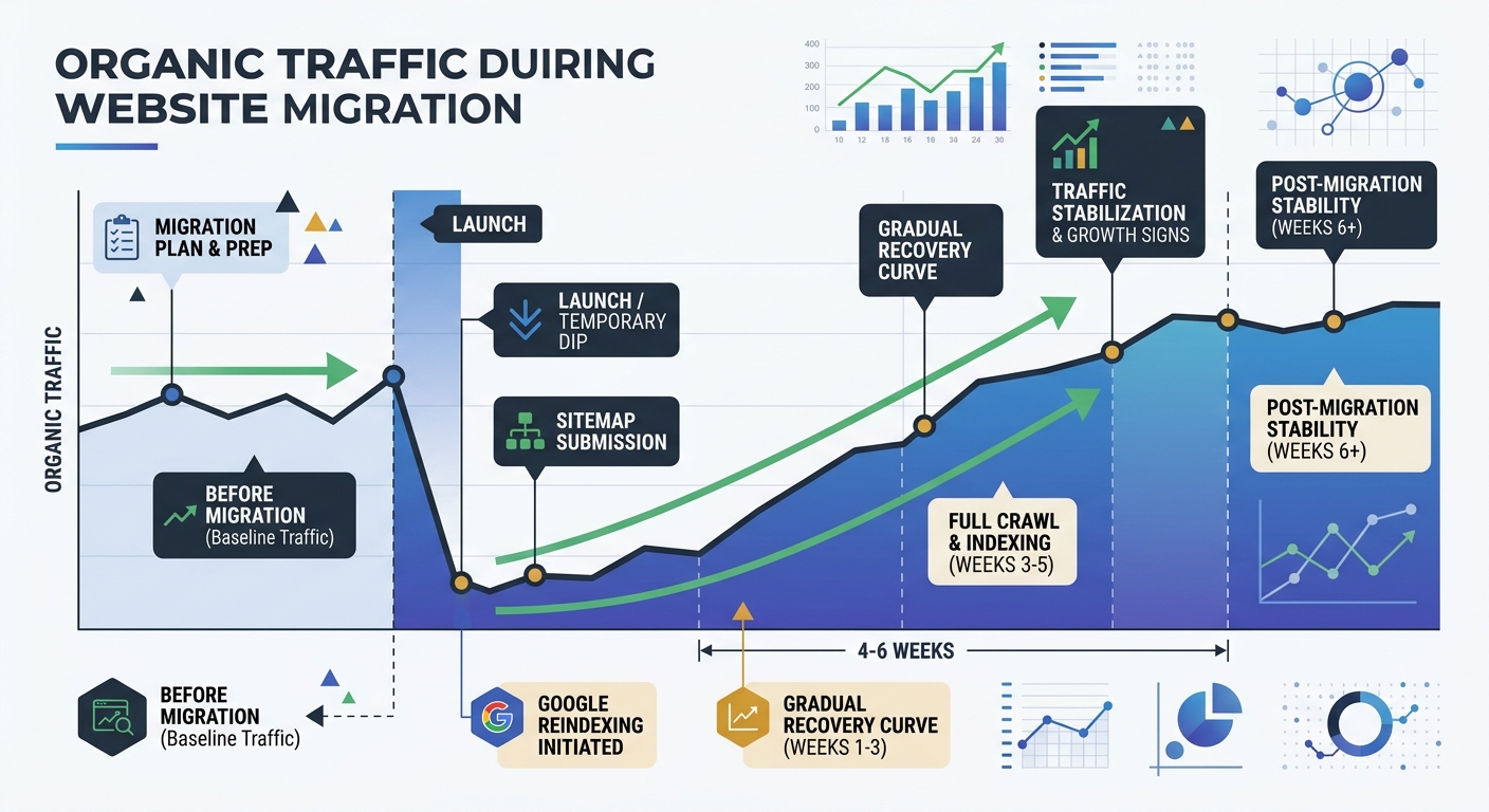 A line graph showing typical organic traffic patterns during a website migration, with a sharp dip at launch, a gradual recovery curve over 4-6 weeks, and annotations marking key milestones like sitem