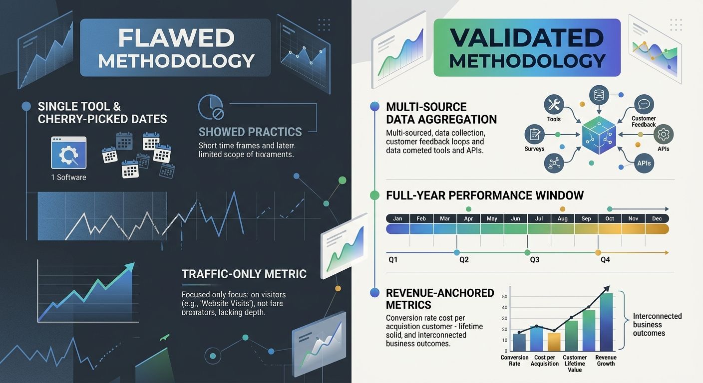 A comparison table showing a flawed case study methodology on the left (single tool, cherry-picked dates, traffic-only metric) versus a validated methodology on the right (multi-source, full-year wind