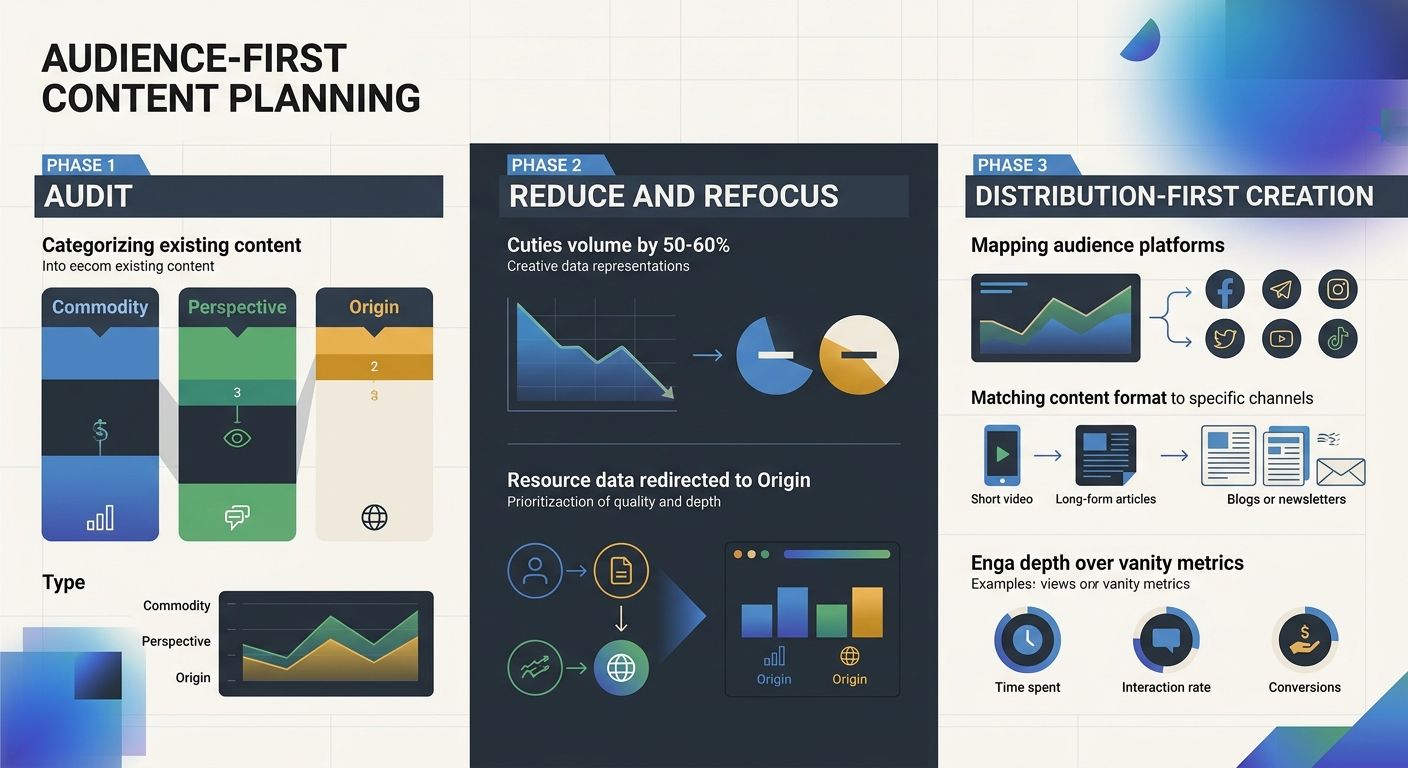 An infographic showing an audience-first content planning workflow with three phases: Phase 1 - Audit (categorize existing content into commodity, perspective, and origin types), Phase 2 - Reduce and 
