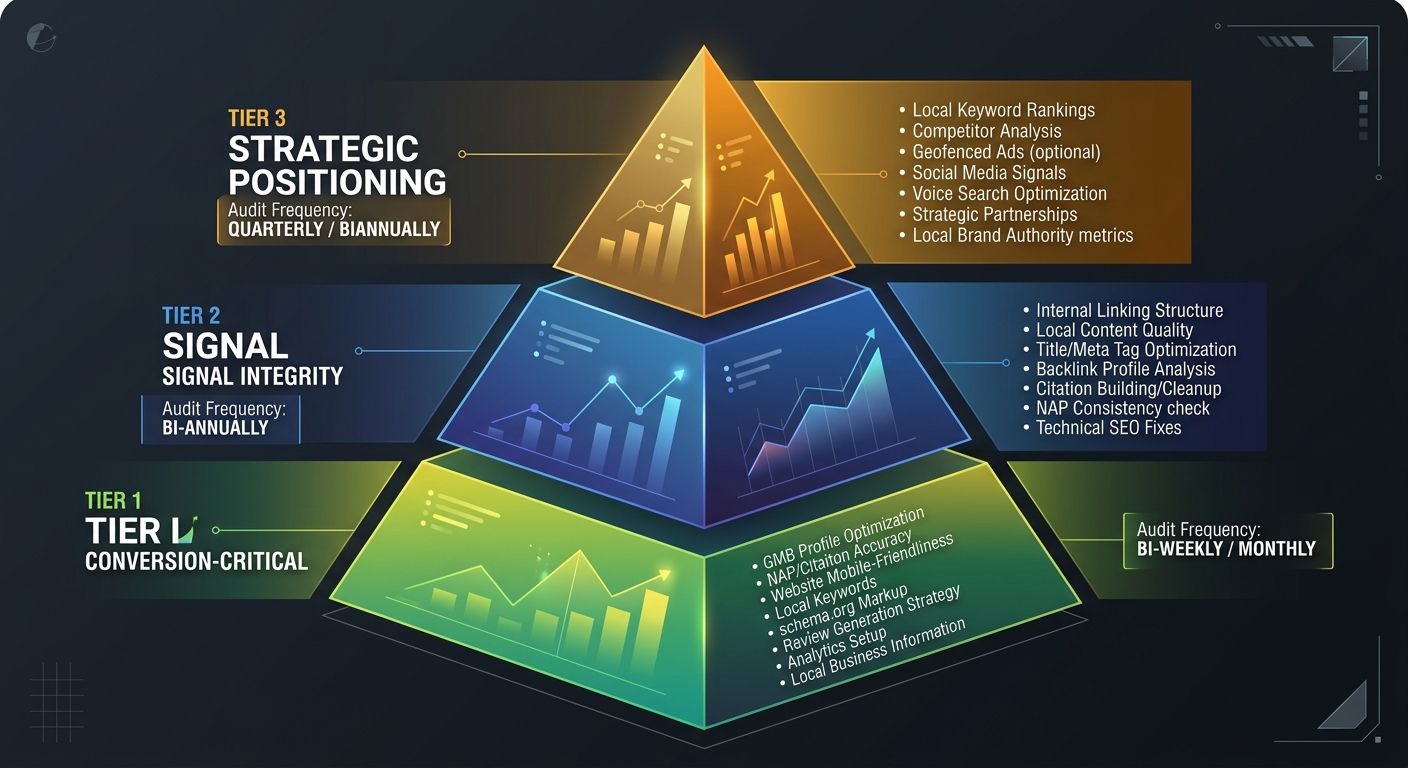 A three-tier pyramid diagram showing the local SEO audit framework with Tier 1 Conversion-Critical items at the base, Tier 2 Signal Integrity in the middle, and Tier 3 Strategic Positioning at the top