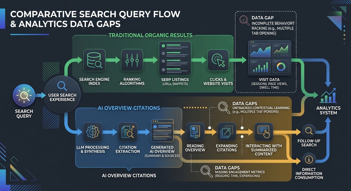 An infographic showing the flow of a search query through traditional organic results versus AI Overview citations, with labeled data gaps where analytics tracking fails to capture user engagement
