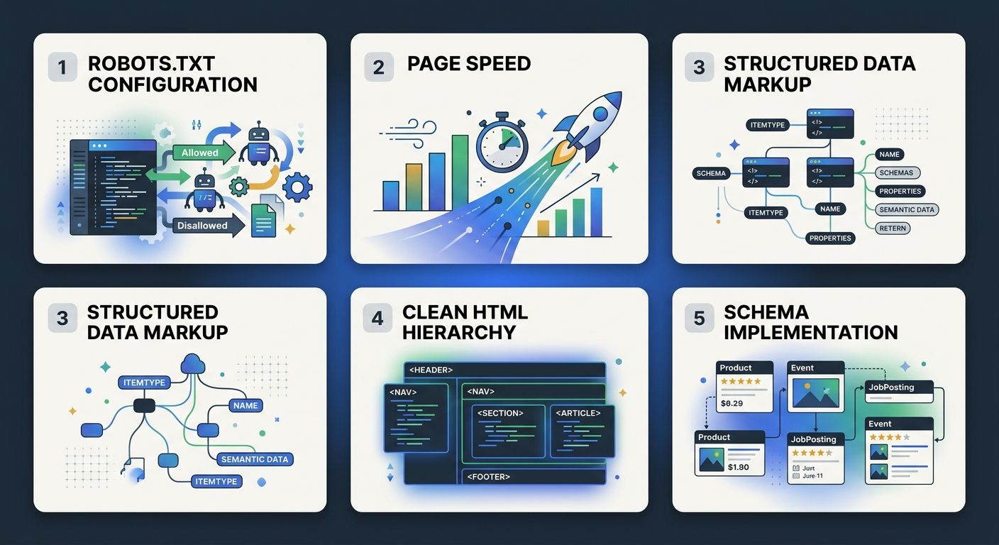 A checklist-style illustration showing the five key technical requirements for AI crawler accessibility: robots.txt configuration, page speed, structured data markup, clean HTML hierarchy, and schema 