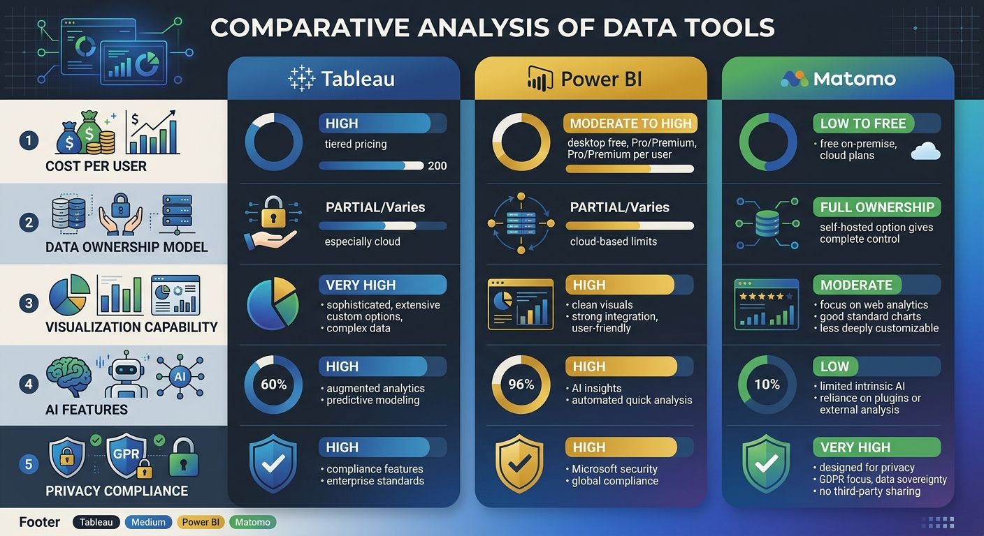 An infographic comparing Tableau, Power BI, and Matomo across five dimensions: cost per user, data ownership model, visualization capability, AI features, and privacy compliance, with ratings for each