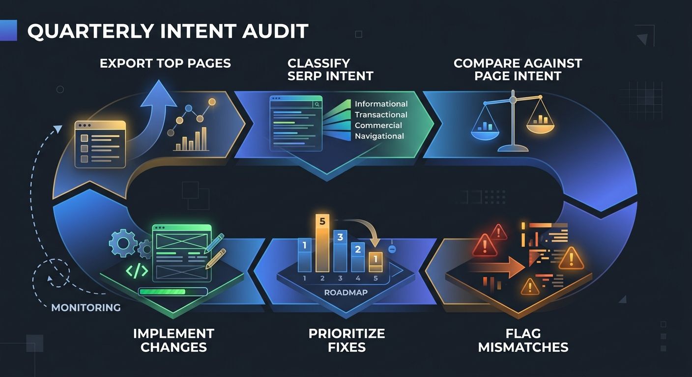 A workflow diagram showing the quarterly intent audit process as a cycle: Export top pages, Classify SERP intent, Compare against page intent, Flag mismatches, Prioritize fixes, Implement changes, the