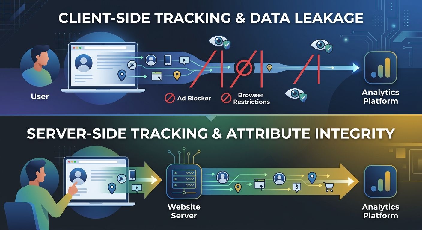 A diagram showing client-side tracking with data leaking through ad blockers and browser restrictions versus server-side tracking maintaining a complete data pipeline from user to analytics platform