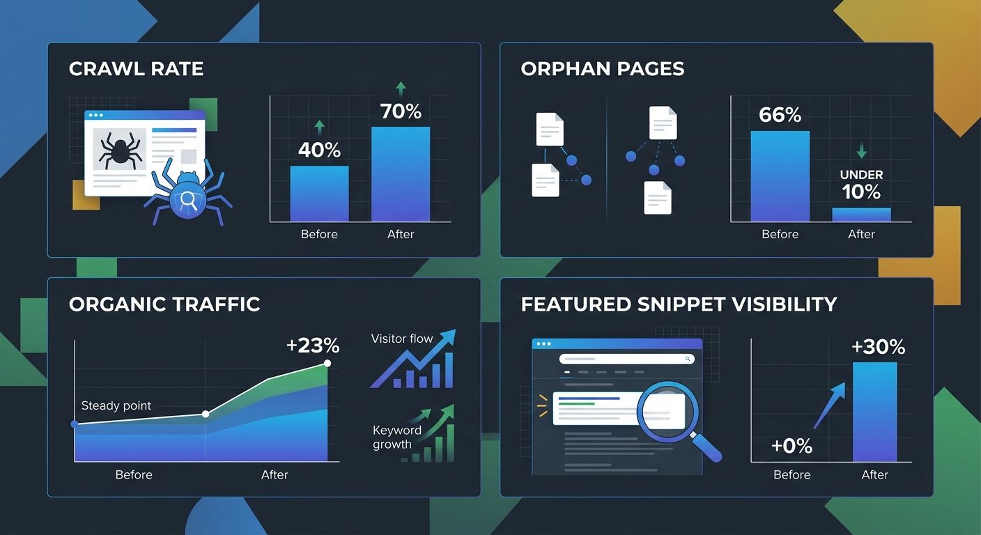 An infographic showing a before-and-after comparison of key SEO metrics — crawl rate (40% to 70%), orphan pages (66% to under 10%), organic traffic (baseline to +23%), and featured snippet visibility