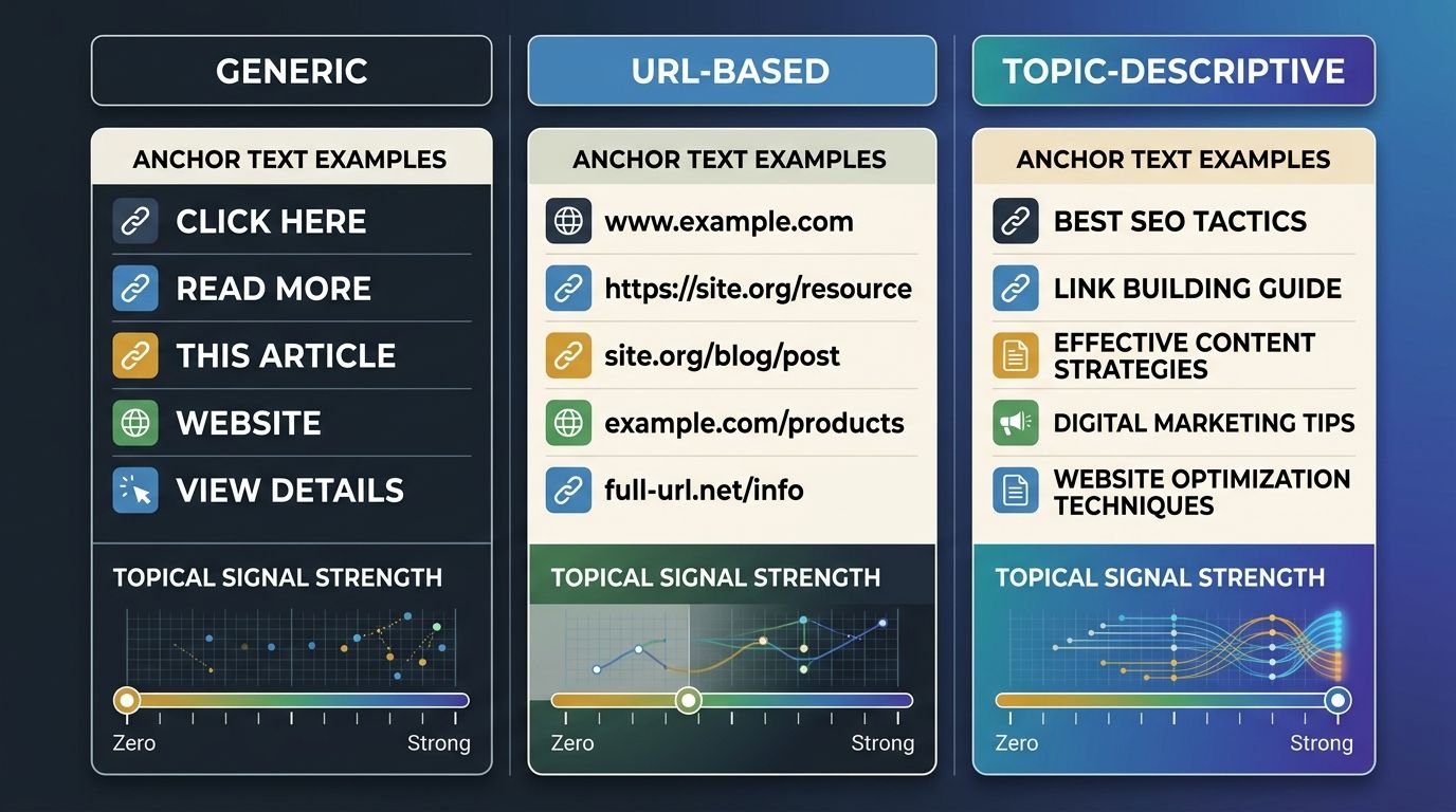 A comparison chart showing three columns of anchor text examples labeled Generic, URL-Based, and Topic-Descriptive, with a topical signal strength meter ranging from zero to strong for each type