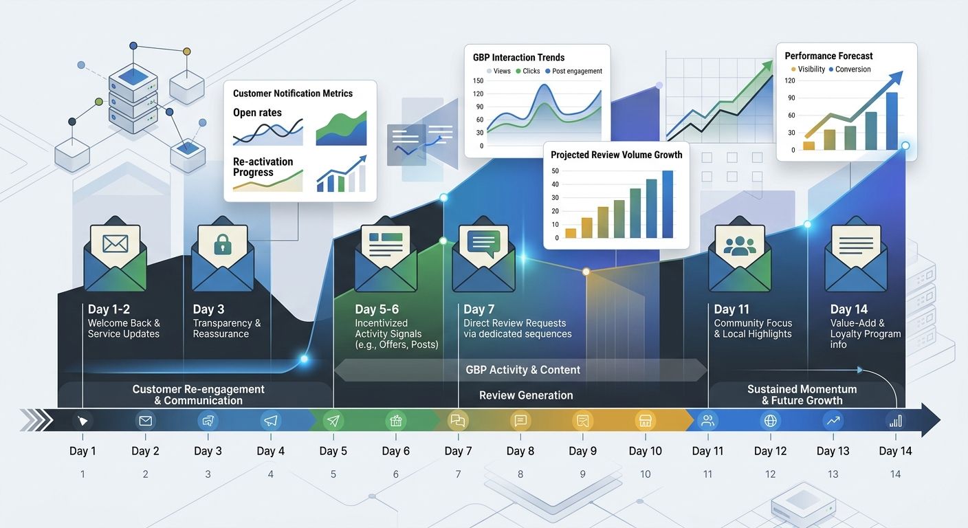 Timeline showing the post-reinstatement email sequence over 14 days, with specific touchpoints for review requests, customer notifications, and GBP activity signals