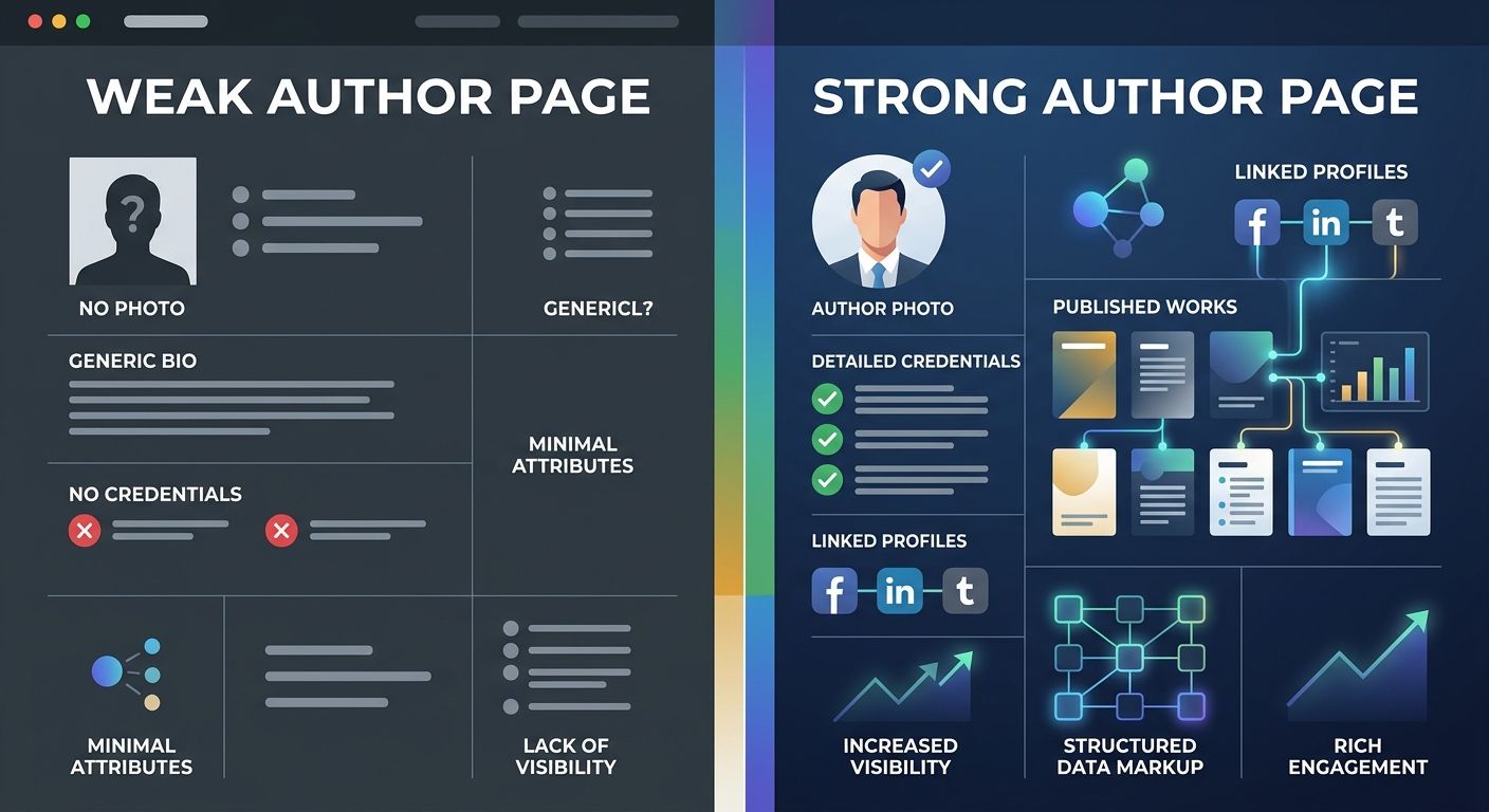A side-by-side comparison of a weak author page (generic bio, no credentials, no photo) versus a strong author page (detailed credentials, photo, linked social profiles, published works, structured da