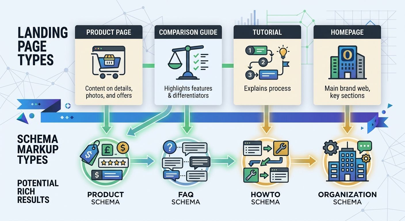 An infographic showing four common landing page types (product page, comparison guide, tutorial, homepage) mapped to their recommended schema markup types, with visual icons for Product, FAQ, HowTo, a